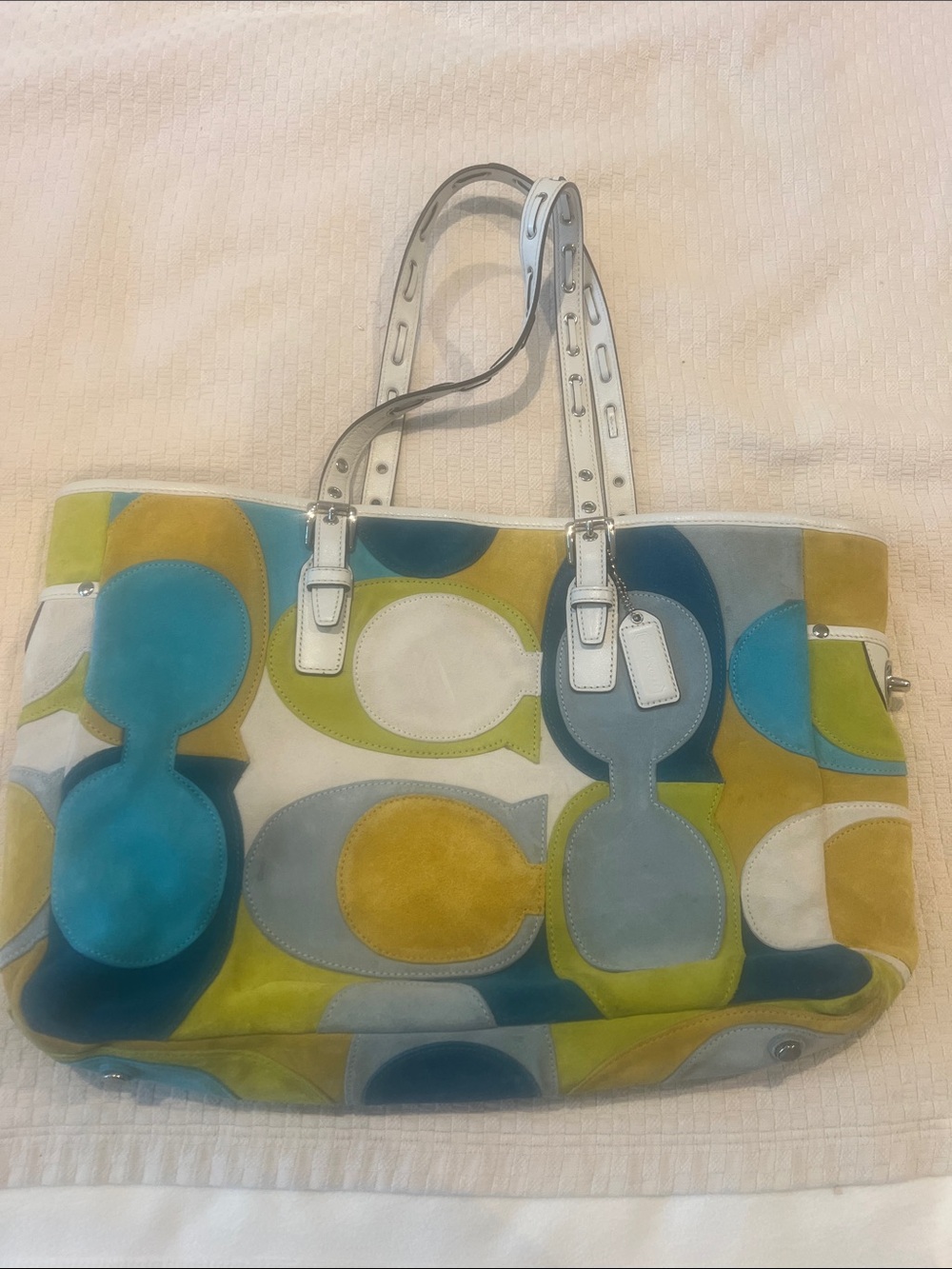 Coach Multicolor Suede Logo Patchwork Tote with White Handles